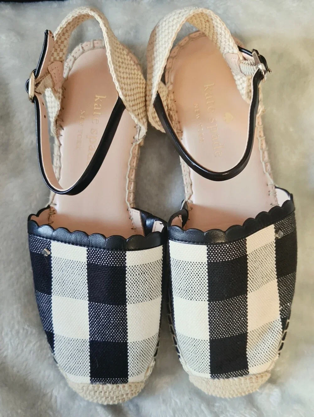 kate spade Black & White Gingham Scallop Espadrille Wedges